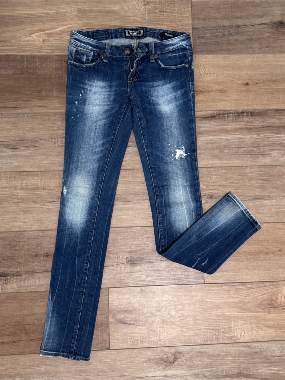 Express ReRock Distressed Blue Low Rise Skinny Jeans